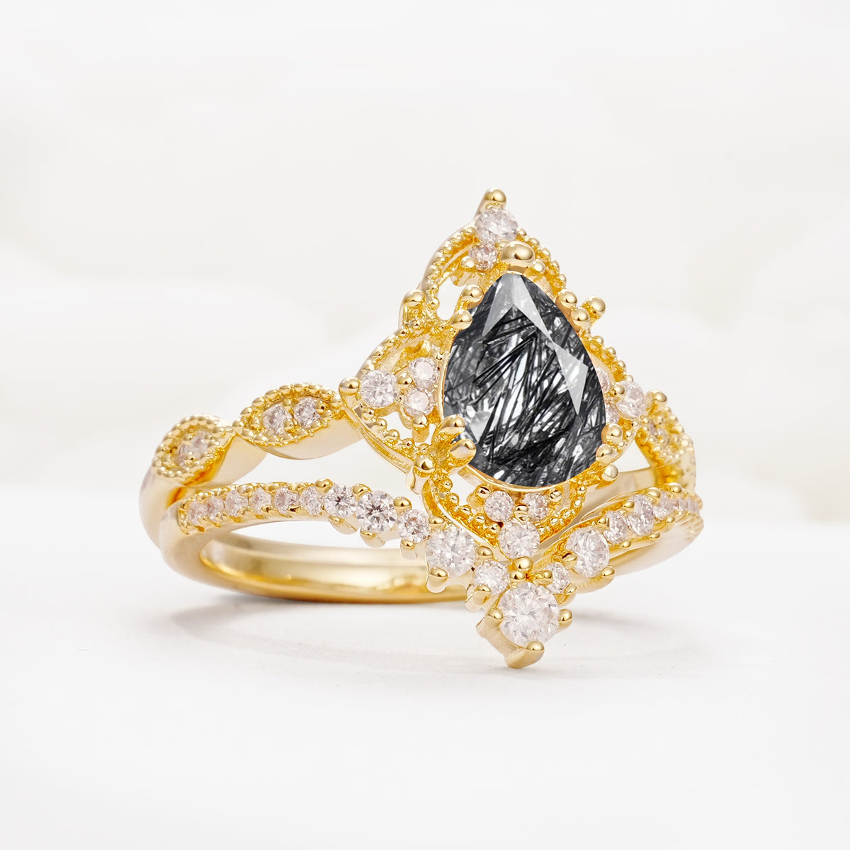 Luxury Pear Cut Milgrain Halo Black Rutilated Quartz Bridal Ring Set - White-Gold