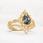 Luxury Pear Cut Milgrain Halo Black Rutilated Quartz Bridal Ring Set - White-Gold