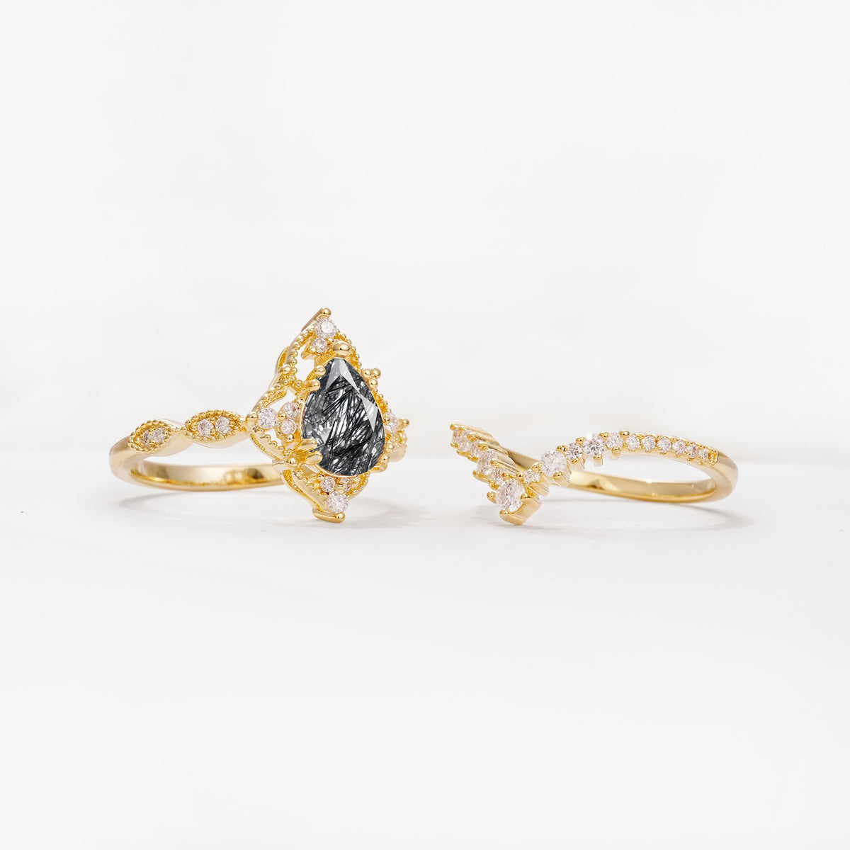 Luxury Pear Cut Milgrain Halo Black Rutilated Quartz Bridal Ring Set - Additional view