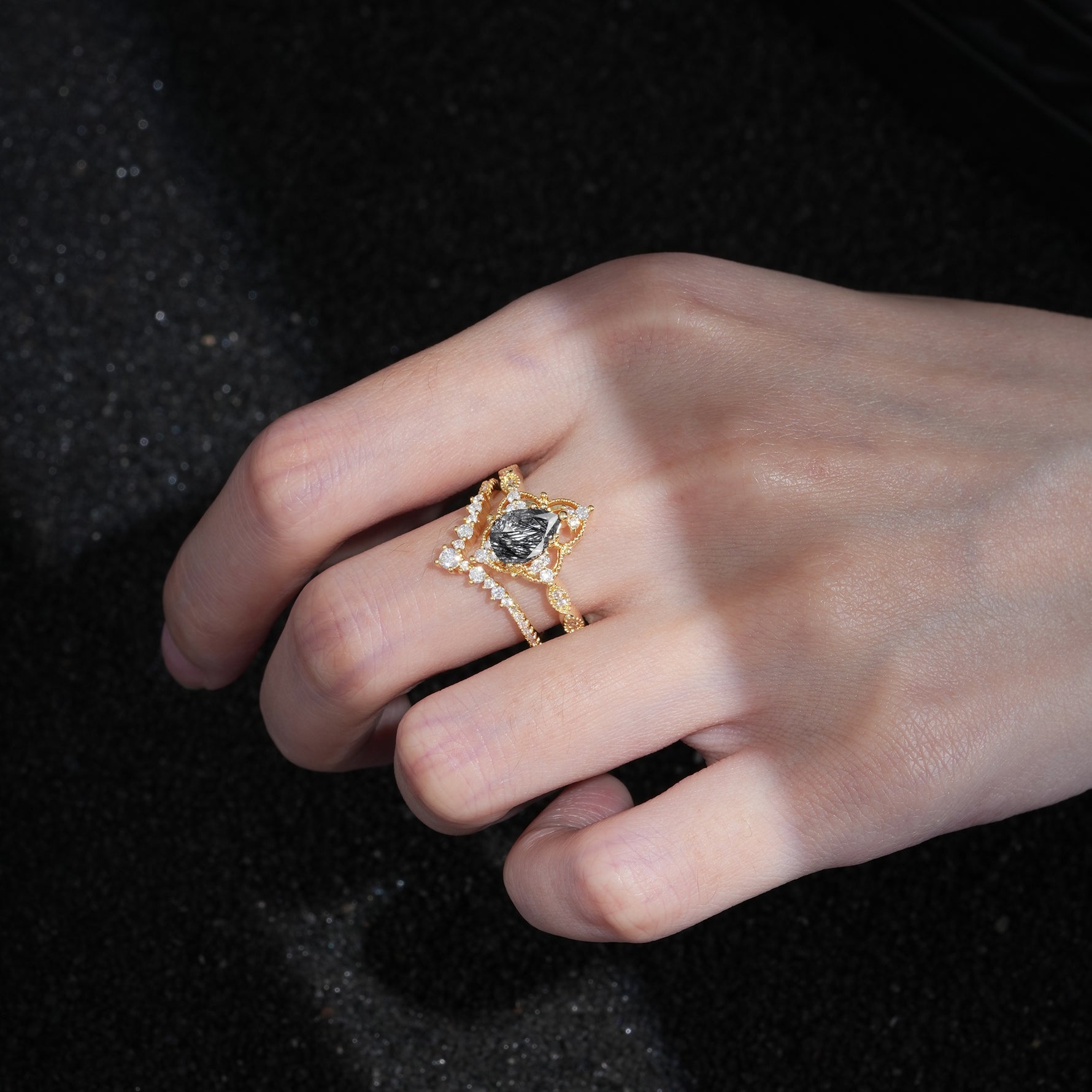 Luxury Pear Cut Milgrain Halo Black Rutilated Quartz Bridal Ring Set - Additional view