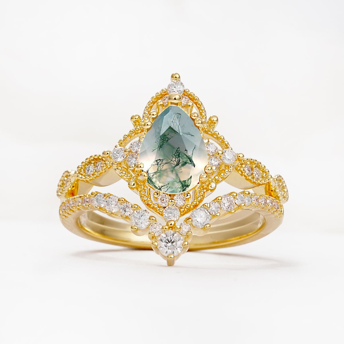 Luxury Pear Cut Milgrain Halo Moss Agate Bridal Ring Set - Yellow-Gold