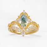 Luxury Pear Cut Milgrain Halo Moss Agate Bridal Ring Set - Yellow-Gold