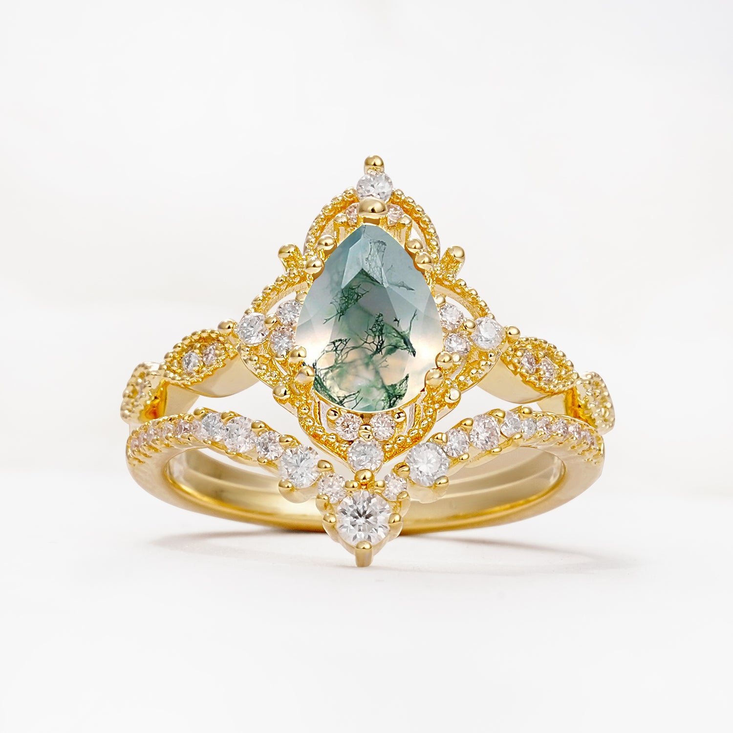 Luxury Pear Cut Milgrain Halo Moss Agate Bridal Ring Set - Yellow-Gold