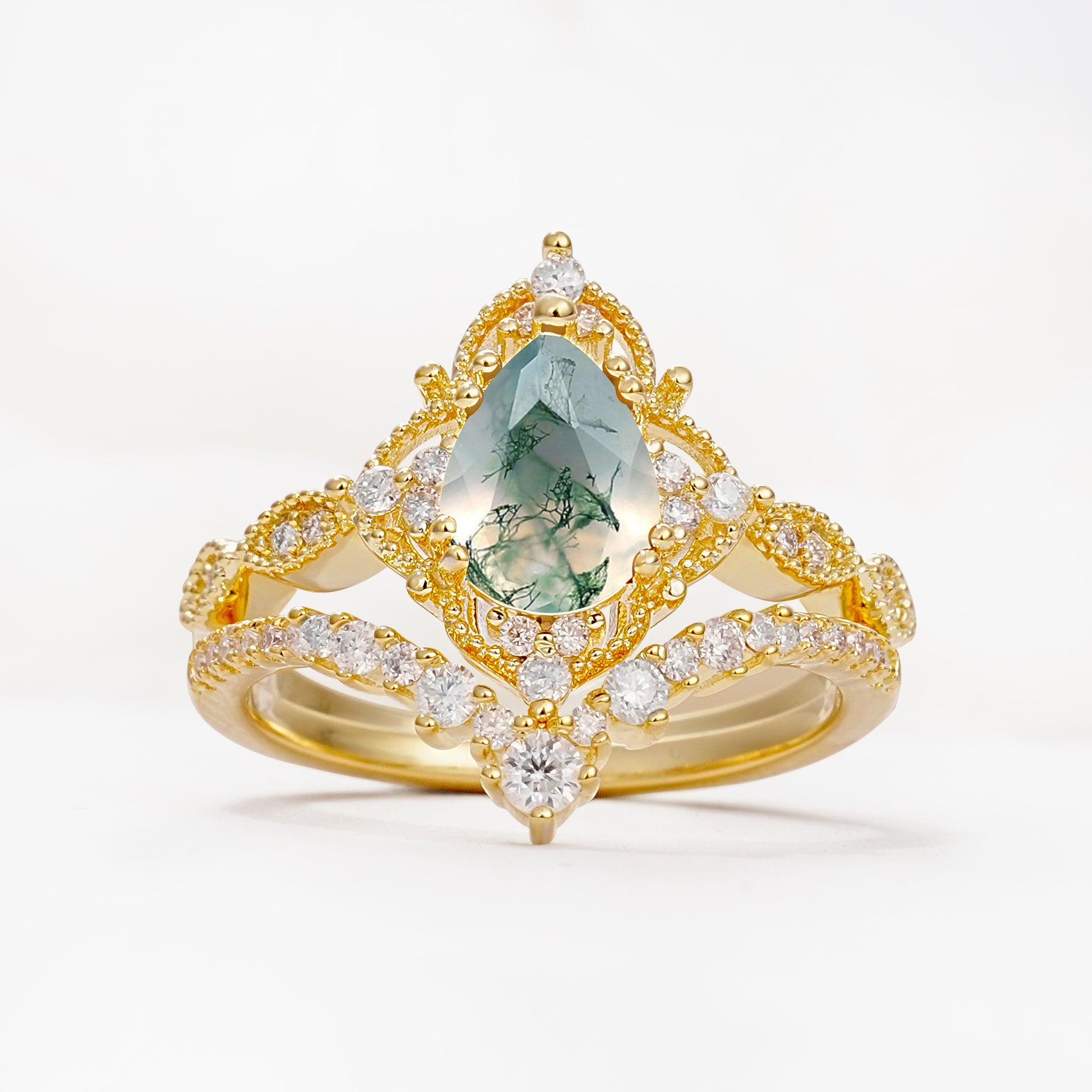 Luxury Pear Cut Milgrain Halo Moss Agate Bridal Ring Set - Yellow-Gold