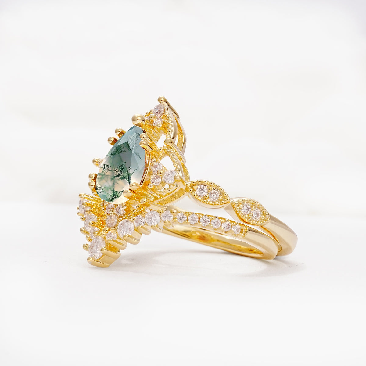 Luxury Pear Cut Milgrain Halo Moss Agate Bridal Ring Set - Rose-Gold