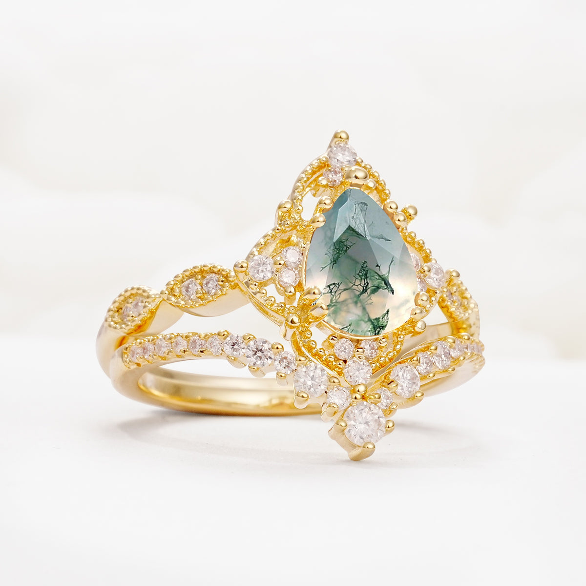 Luxury Pear Cut Milgrain Halo Moss Agate Bridal Ring Set - White-Gold