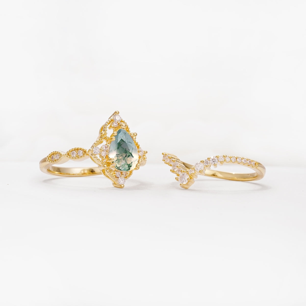 Luxury Pear Cut Milgrain Halo Moss Agate Bridal Ring Set - Additional view