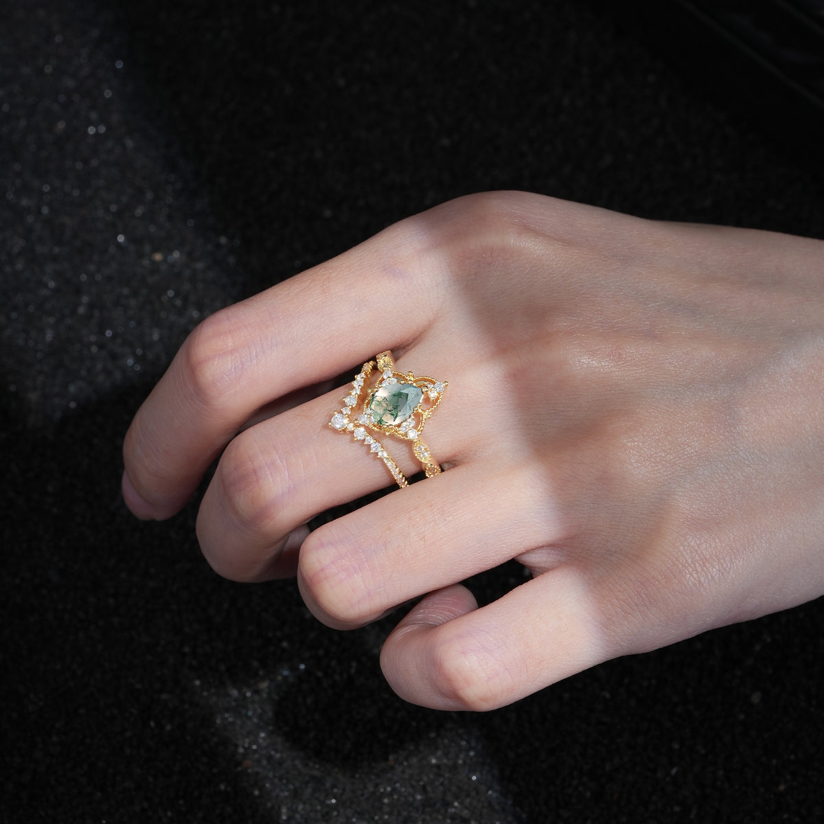 Luxury Pear Cut Milgrain Halo Moss Agate Bridal Ring Set - Additional view