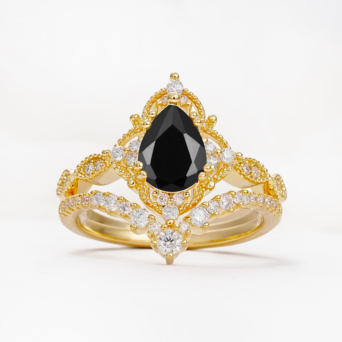 Luxury Pear Cut Milgrain Halo Black Onyx Bridal Ring Set - Yellow-Gold