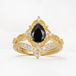 Luxury Pear Cut Milgrain Halo Black Onyx Bridal Ring Set - Yellow-Gold