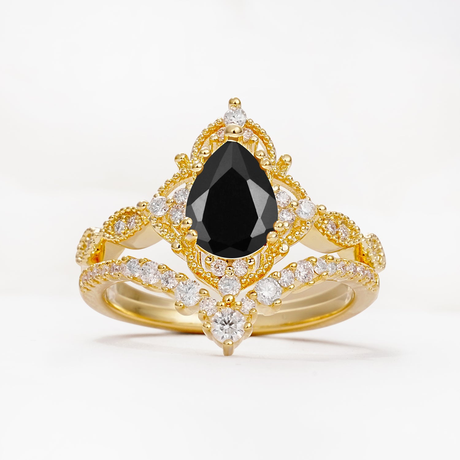 Luxury Pear Cut Milgrain Halo Black Onyx Bridal Ring Set - Yellow-Gold