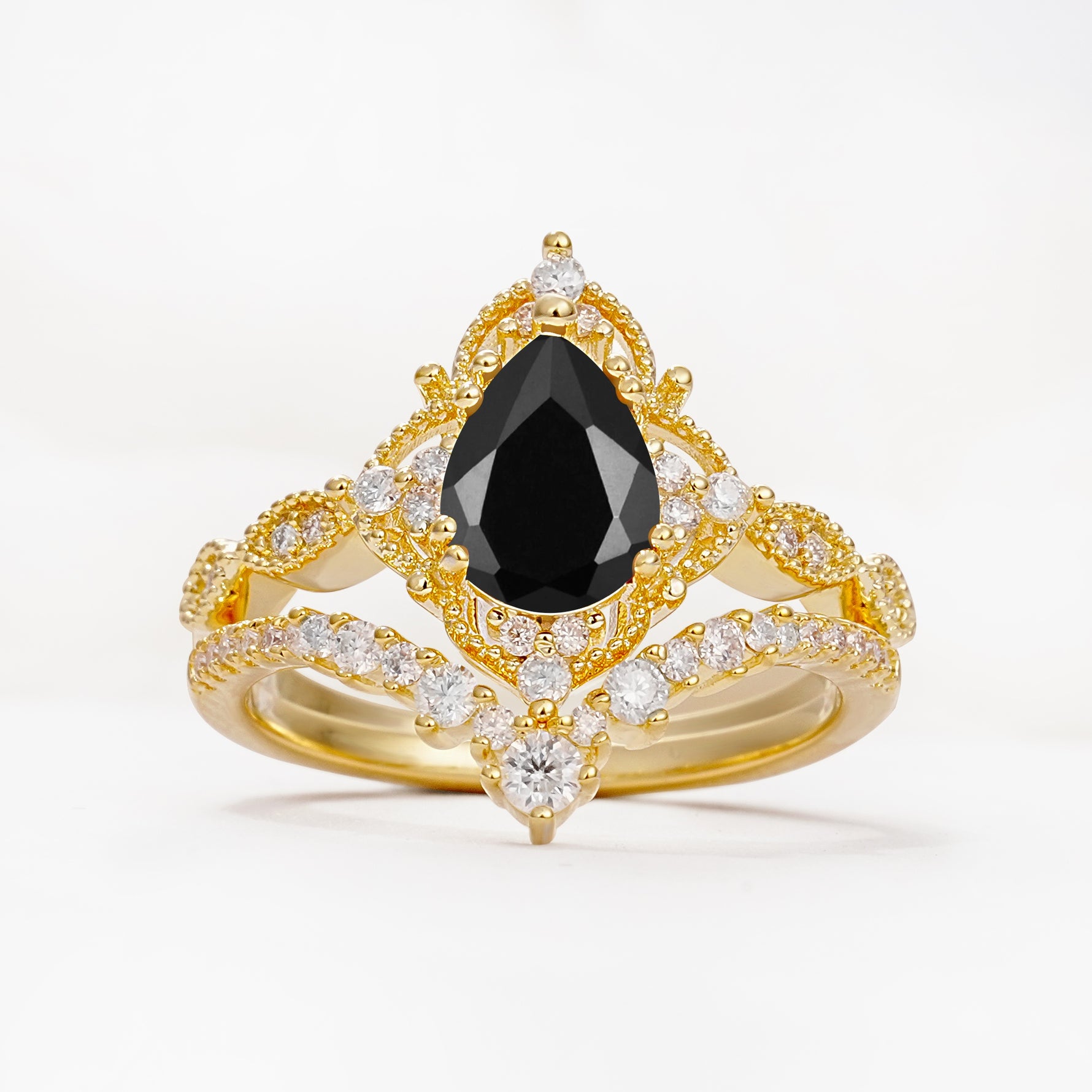Luxury Pear Cut Milgrain Halo Black Onyx Bridal Ring Set - Yellow-Gold
