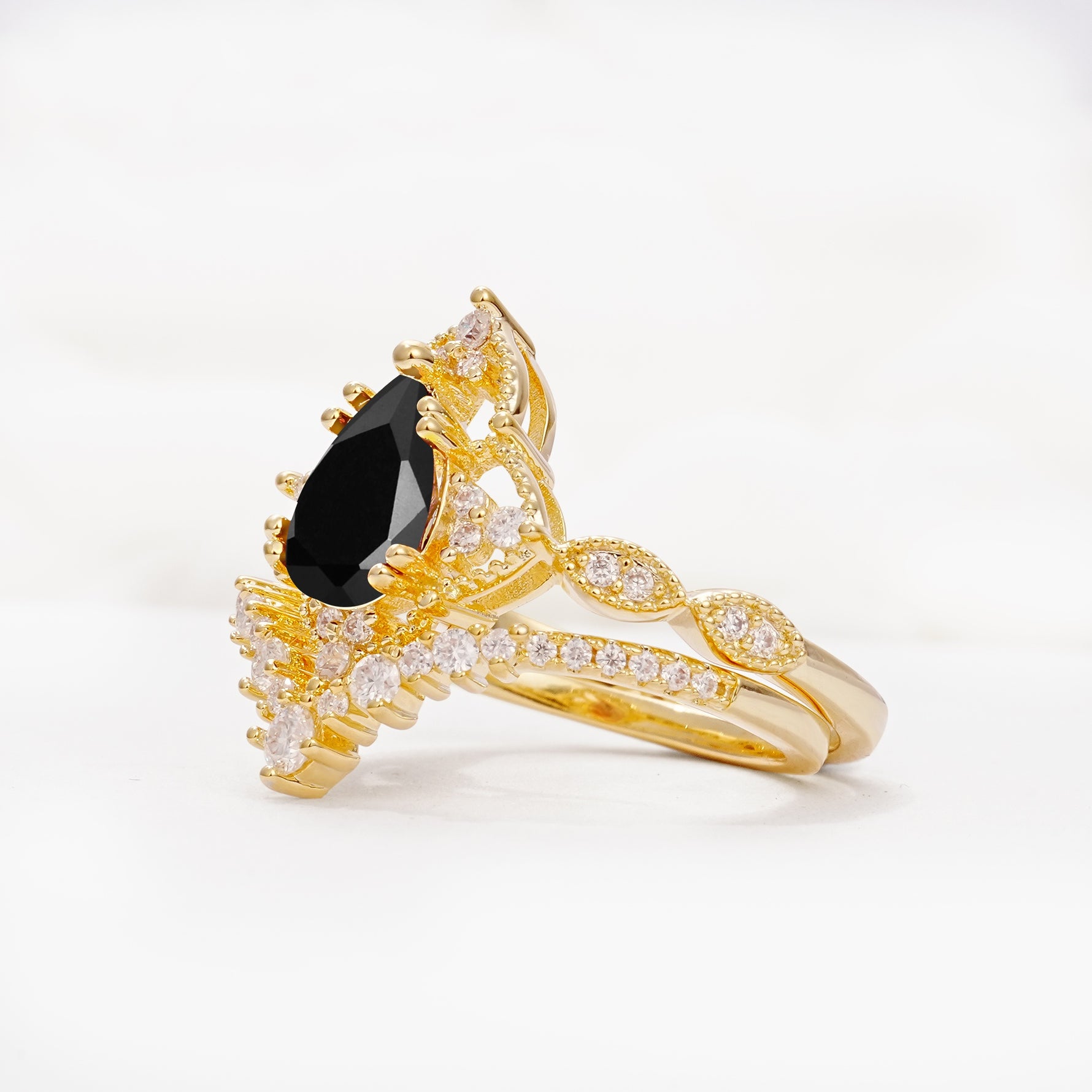 Luxury Pear Cut Milgrain Halo Black Onyx Bridal Ring Set - Rose-Gold