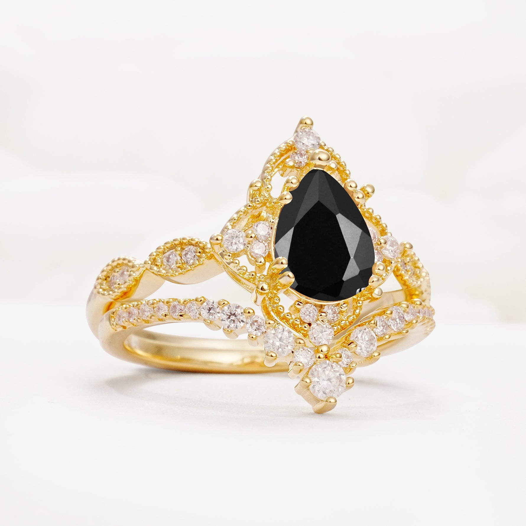 Luxury Pear Cut Milgrain Halo Black Onyx Bridal Ring Set - White-Gold