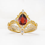 Luxury Pear Cut Milgrain Halo Garnet Bridal Ring Set - Yellow-Gold