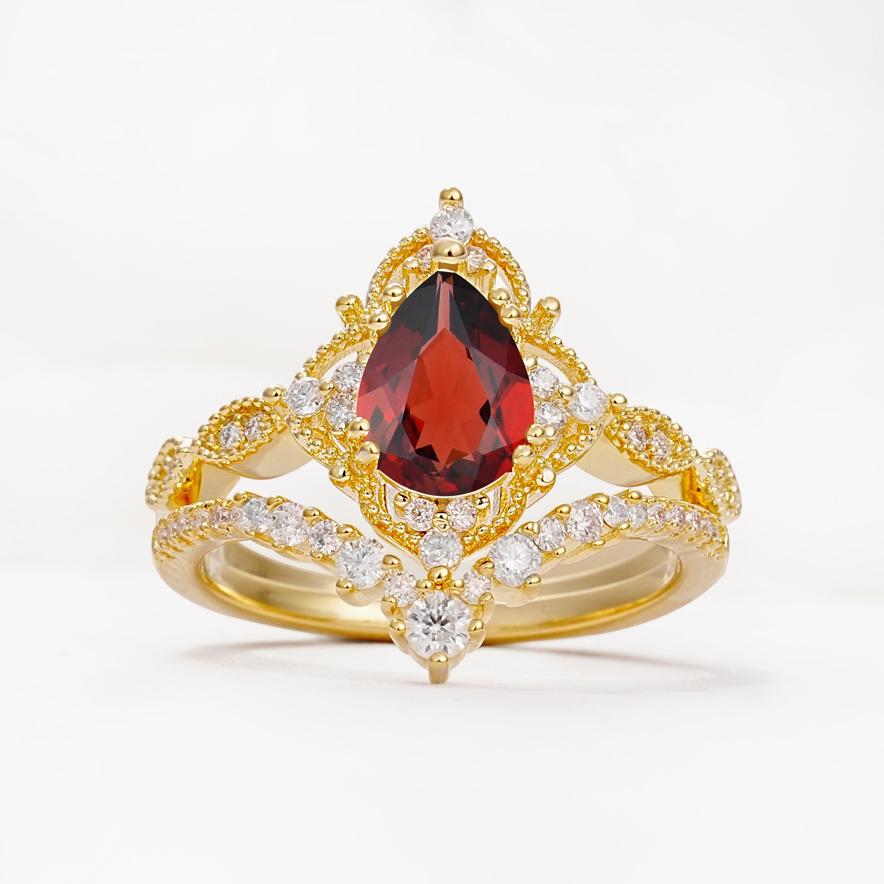 Luxury Pear Cut Milgrain Halo Garnet Bridal Ring Set - Yellow-Gold