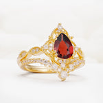 Luxury Pear Cut Milgrain Halo Garnet Bridal Ring Set - White-Gold