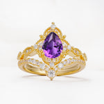 Luxury Pear Cut Milgrain Halo Amethyst Bridal Ring Set - Yellow-Gold