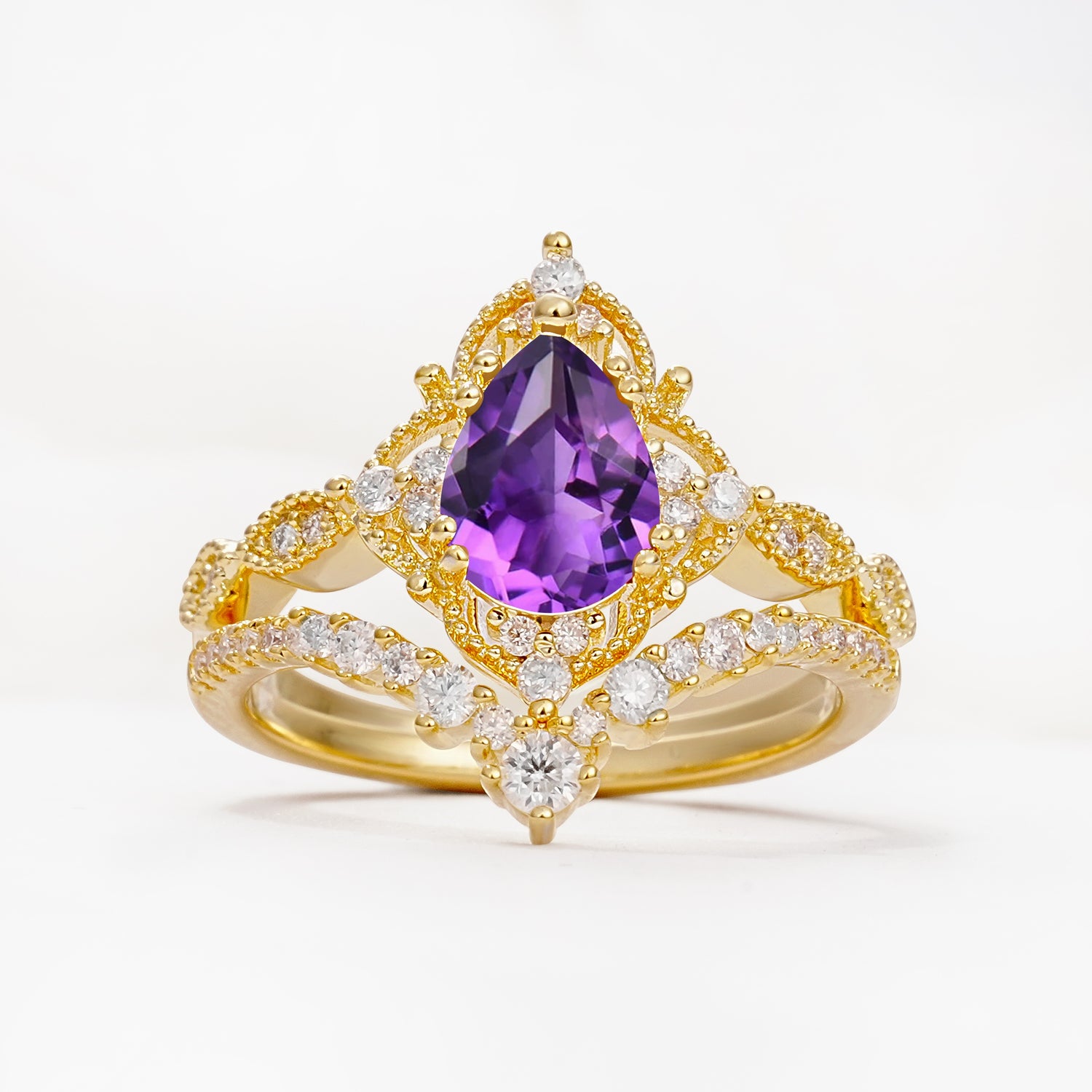Luxury Pear Cut Milgrain Halo Amethyst Bridal Ring Set - Yellow-Gold