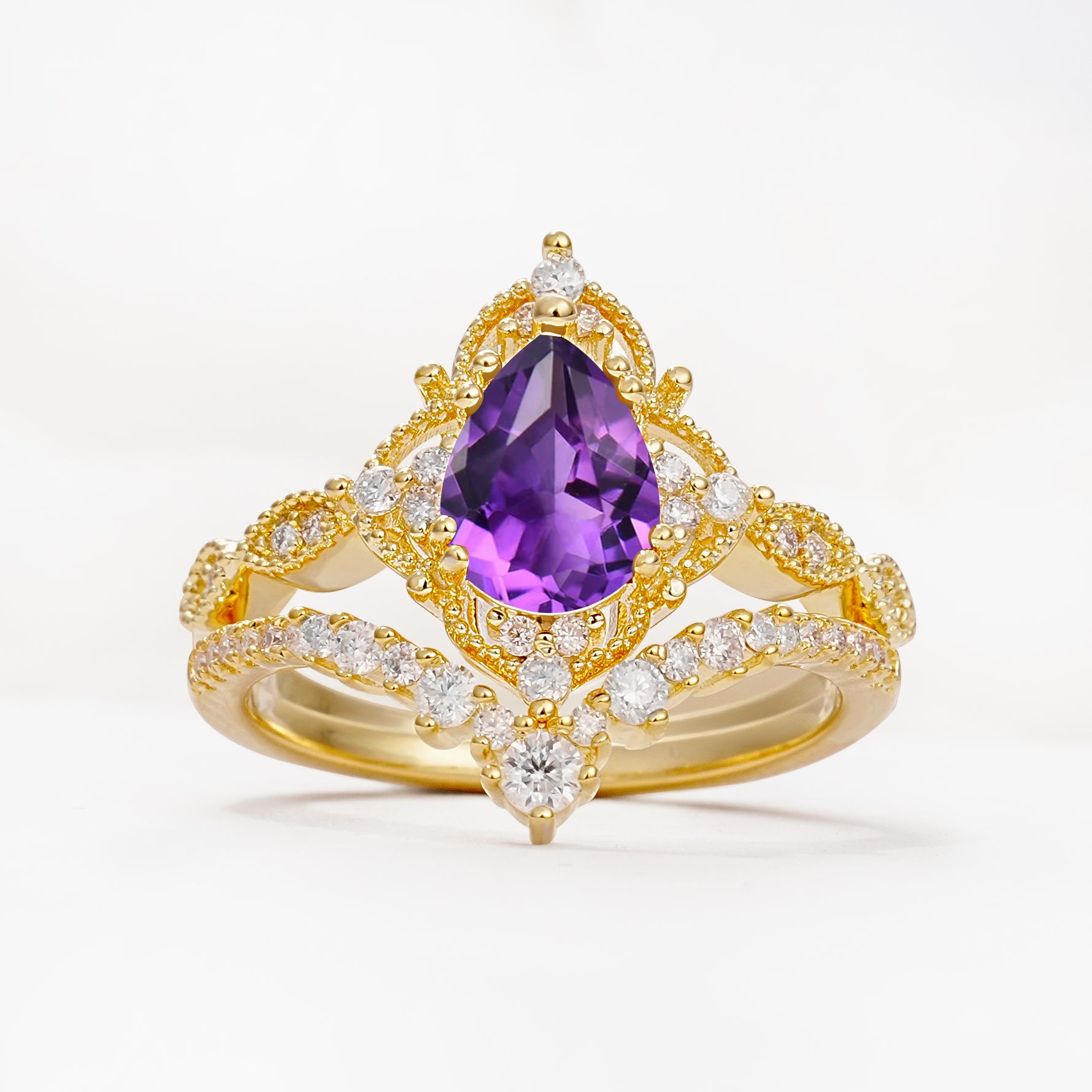 Luxury Pear Cut Milgrain Halo Amethyst Bridal Ring Set - Yellow-Gold