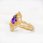 Luxury Pear Cut Milgrain Halo Amethyst Bridal Ring Set - Rose-Gold