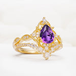 Luxury Pear Cut Milgrain Halo Amethyst Bridal Ring Set - White-Gold