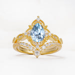 Luxury Pear Cut Milgrain Halo Aquamarine Bridal Ring Set - Yellow-Gold