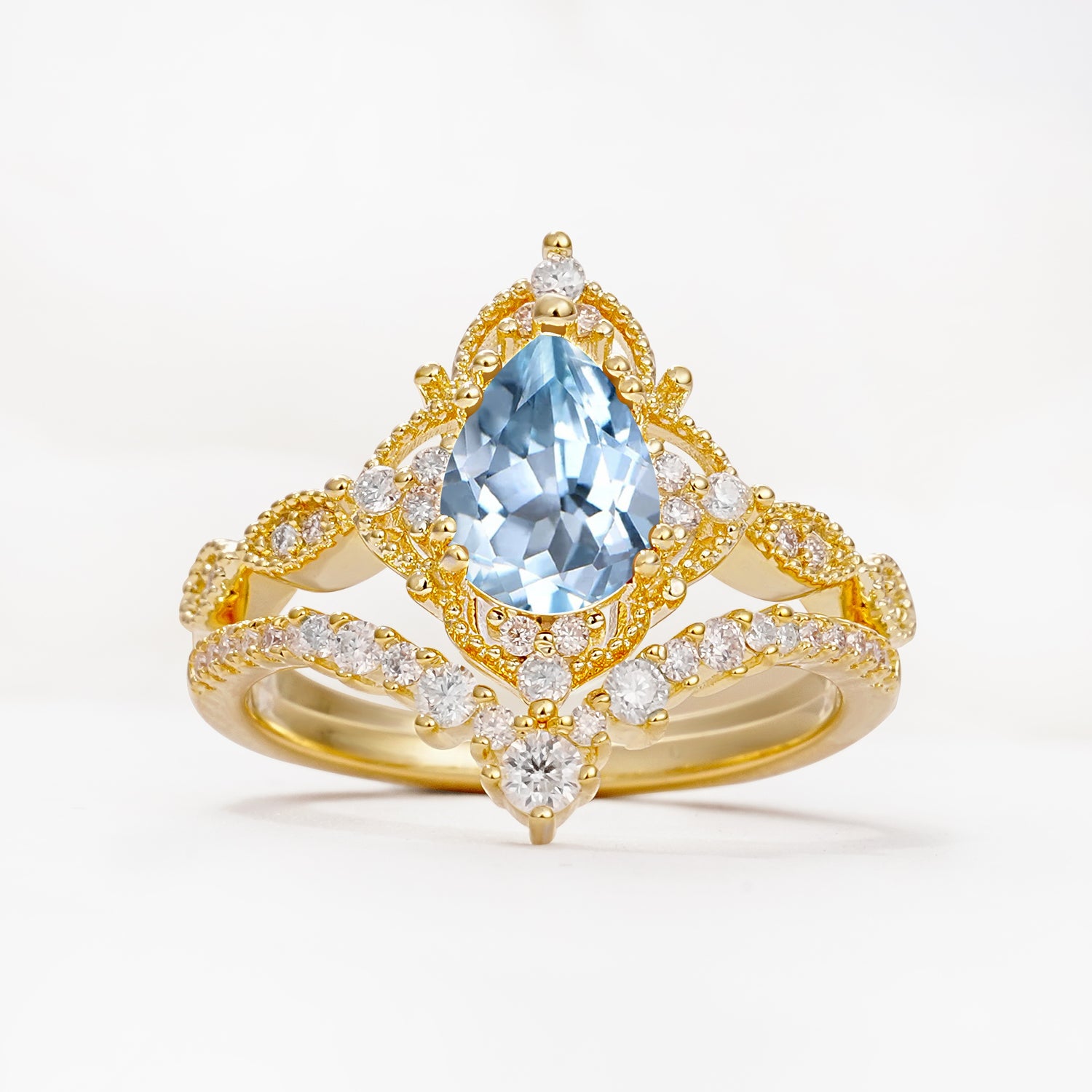 Luxury Pear Cut Milgrain Halo Aquamarine Bridal Ring Set - Yellow-Gold