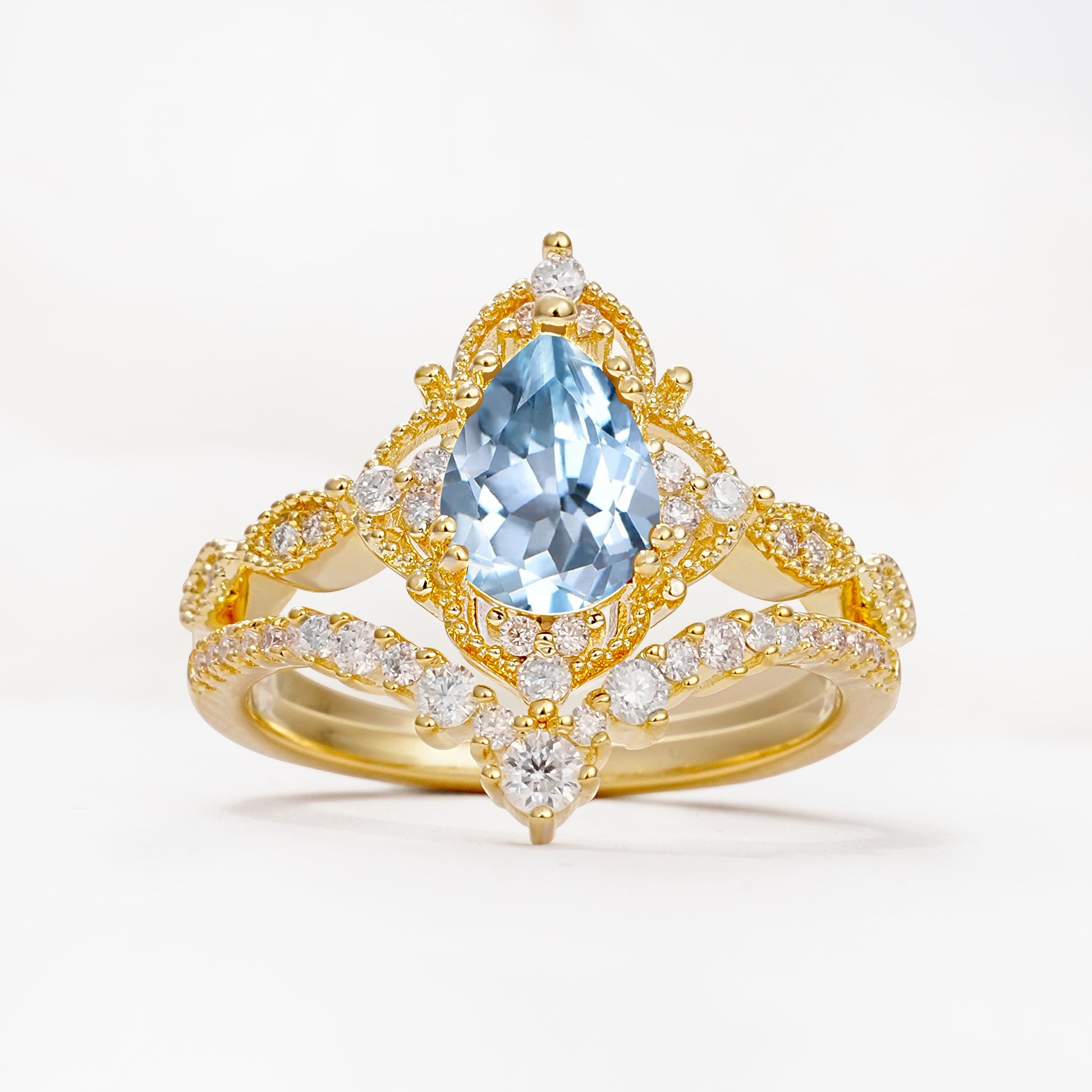 Luxury Pear Cut Milgrain Halo Aquamarine Bridal Ring Set - Yellow-Gold