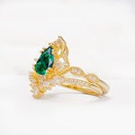 Luxury Pear Cut Milgrain Halo Emerald Bridal Ring Set - Rose-Gold