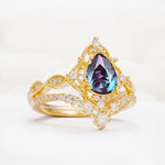 Luxury Pear Cut Milgrain Halo Alexandrite Bridal Ring Set - White-Gold