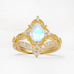 Luxury Pear Cut Milgrain Halo Moonstone Bridal Ring Set - Yellow-Gold