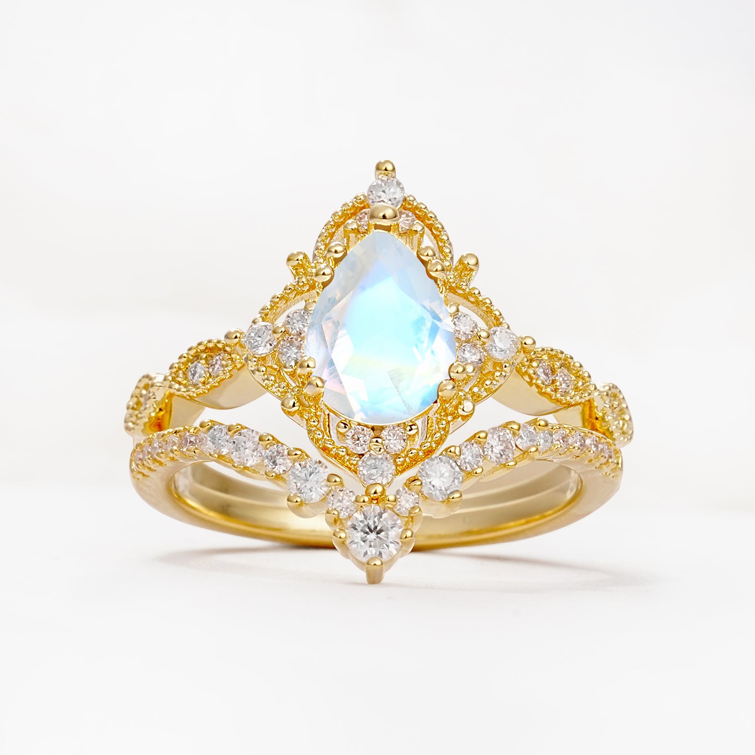 Luxury Pear Cut Milgrain Halo Moonstone Bridal Ring Set - Yellow-Gold