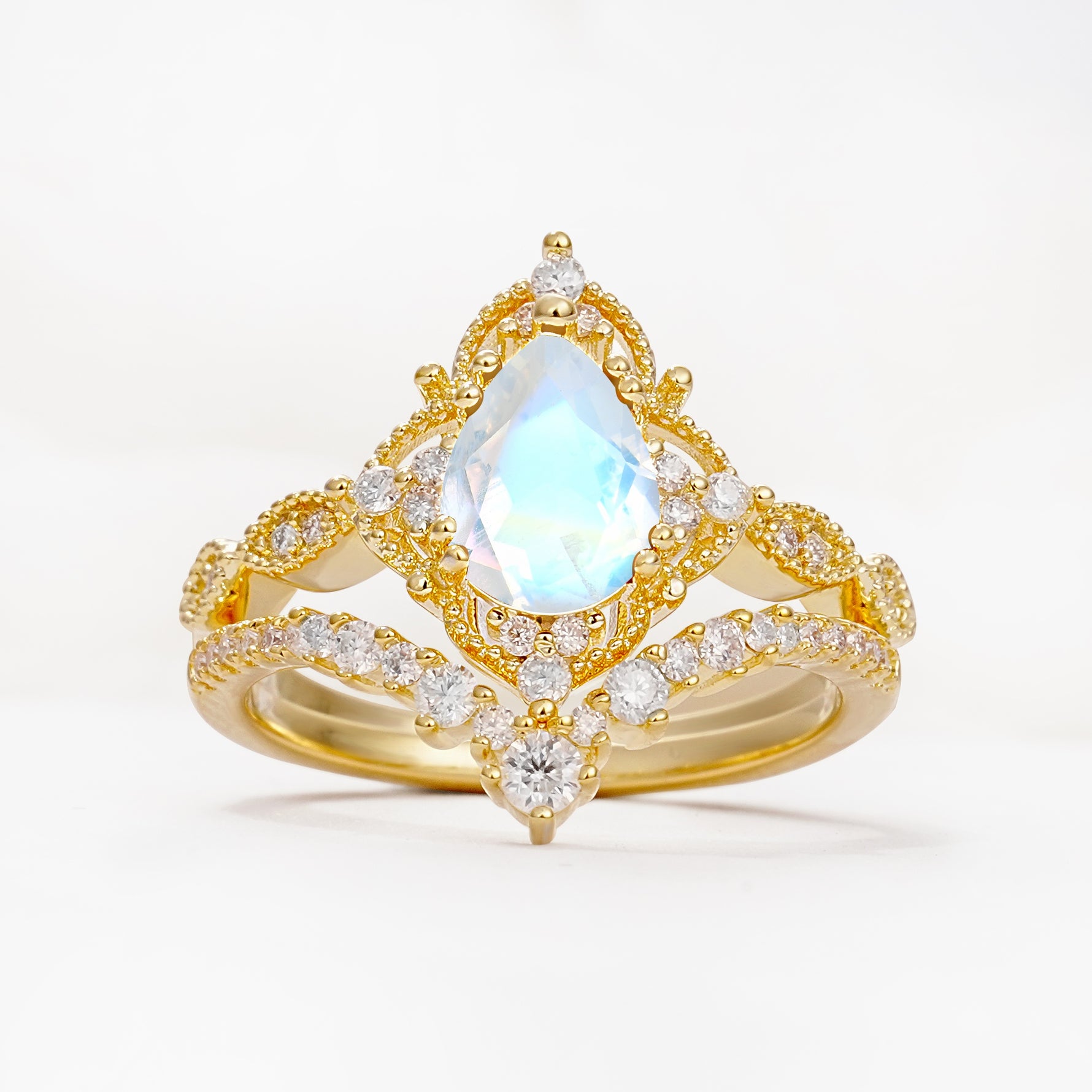 Luxury Pear Cut Milgrain Halo Moonstone Bridal Ring Set - Yellow-Gold