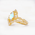 Luxury Pear Cut Milgrain Halo Moonstone Bridal Ring Set - Rose-Gold