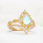 Luxury Pear Cut Milgrain Halo Moonstone Bridal Ring Set - White-Gold
