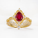 Luxury Pear Cut Milgrain Halo Ruby Bridal Ring Set - Yellow-Gold
