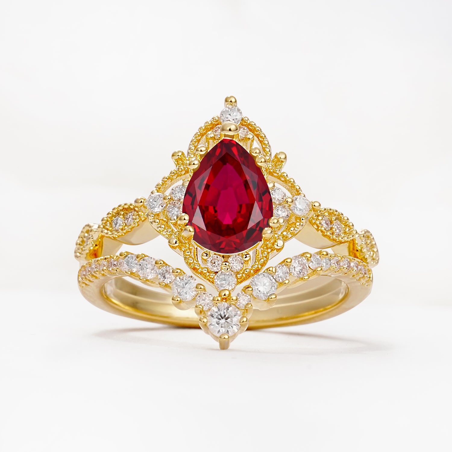Luxury Pear Cut Milgrain Halo Ruby Bridal Ring Set - Yellow-Gold