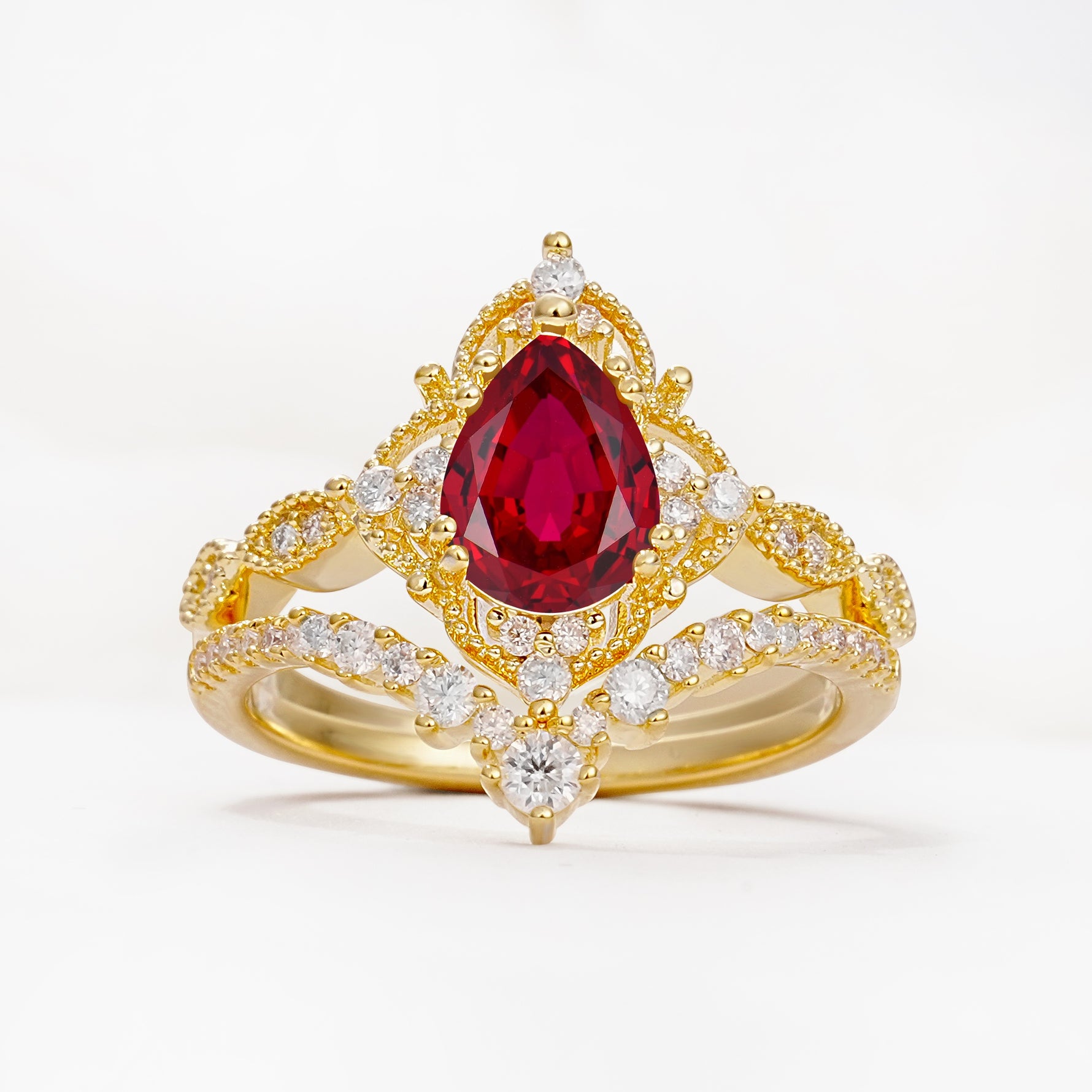 Luxury Pear Cut Milgrain Halo Ruby Bridal Ring Set - Yellow-Gold