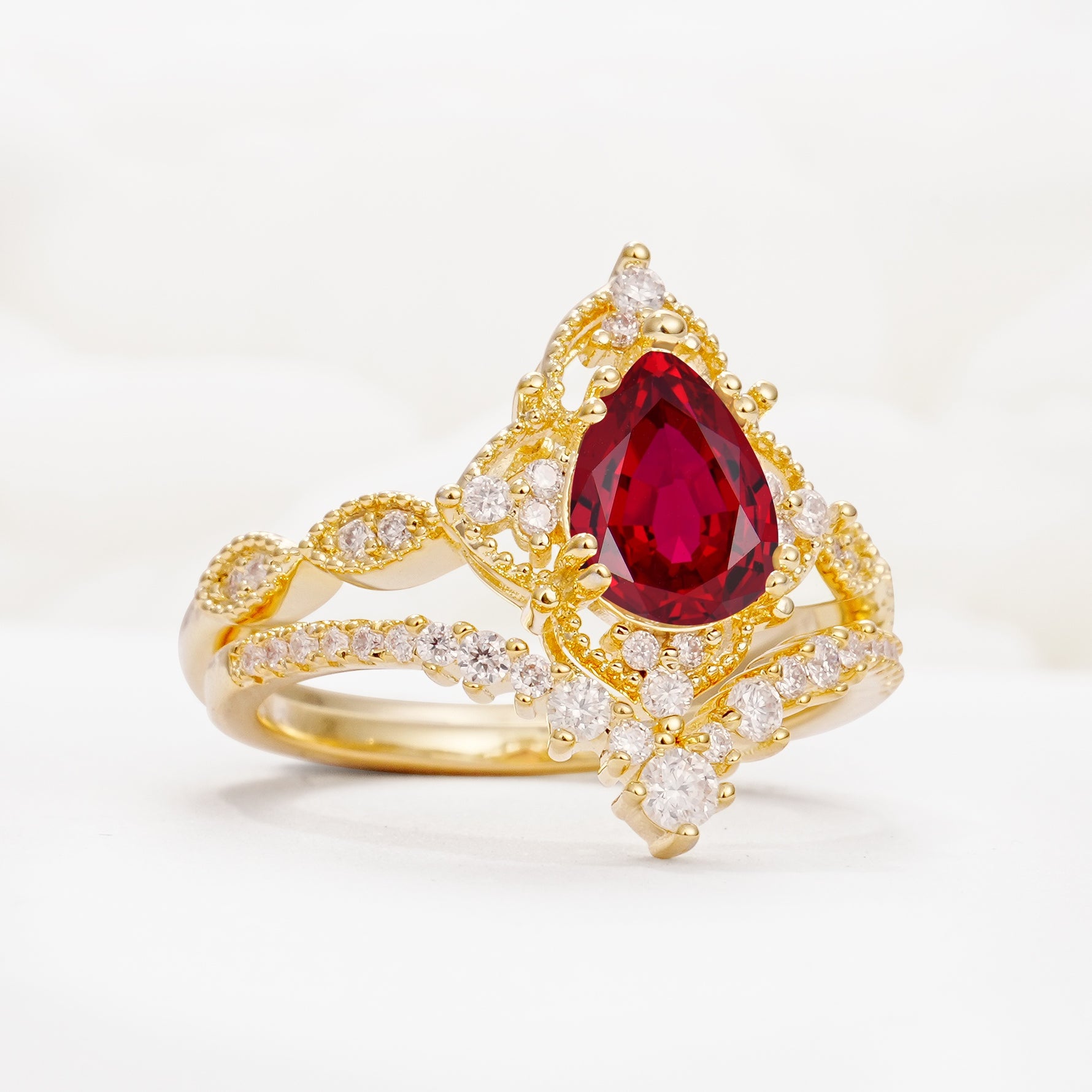 Luxury Pear Cut Milgrain Halo Ruby Bridal Ring Set - White-Gold