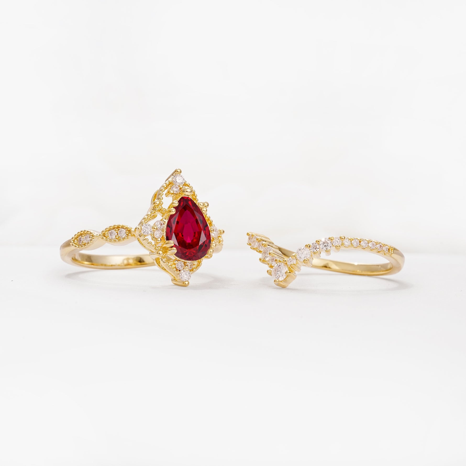 Luxury Pear Cut Milgrain Halo Ruby Bridal Ring Set - Additional view