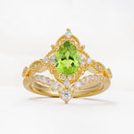 Luxury Pear Cut Milgrain Halo Peridot Bridal Ring Set - Yellow-Gold