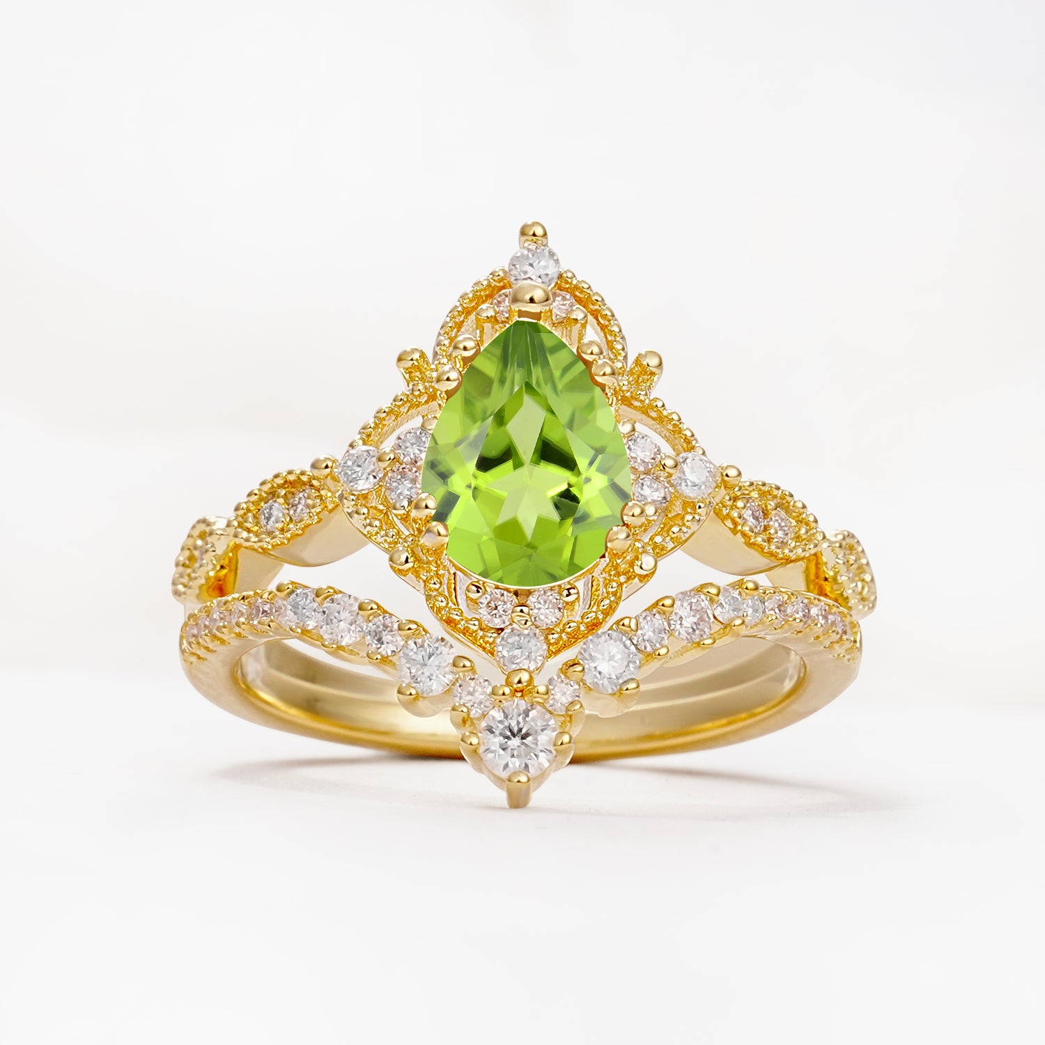 Luxury Pear Cut Milgrain Halo Peridot Bridal Ring Set - Yellow-Gold
