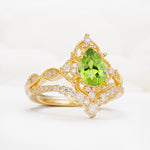 Luxury Pear Cut Milgrain Halo Peridot Bridal Ring Set - White-Gold
