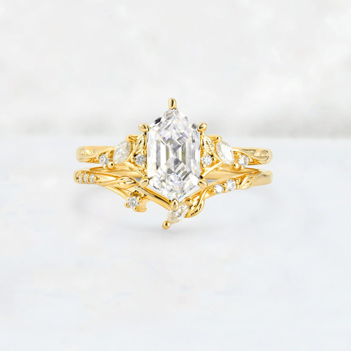 Elongated Hexagon Moissanite Leaf Vine Bridal Ring Set - Yellow-Gold