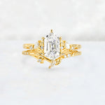 Elongated Hexagon Moissanite Leaf Vine Bridal Ring Set - Yellow-Gold