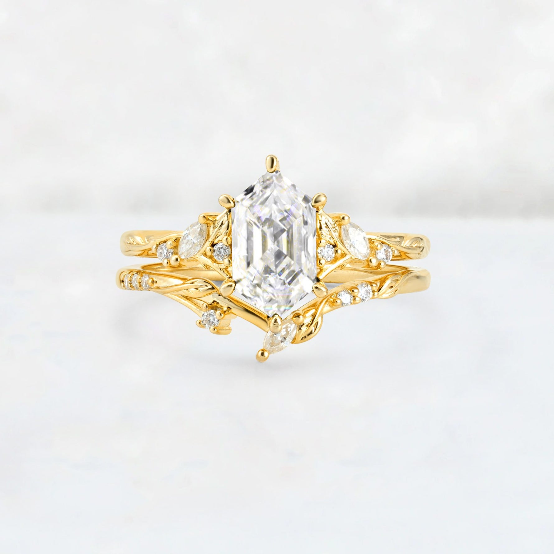 Elongated Hexagon Moissanite Leaf Vine Bridal Ring Set - Yellow-Gold