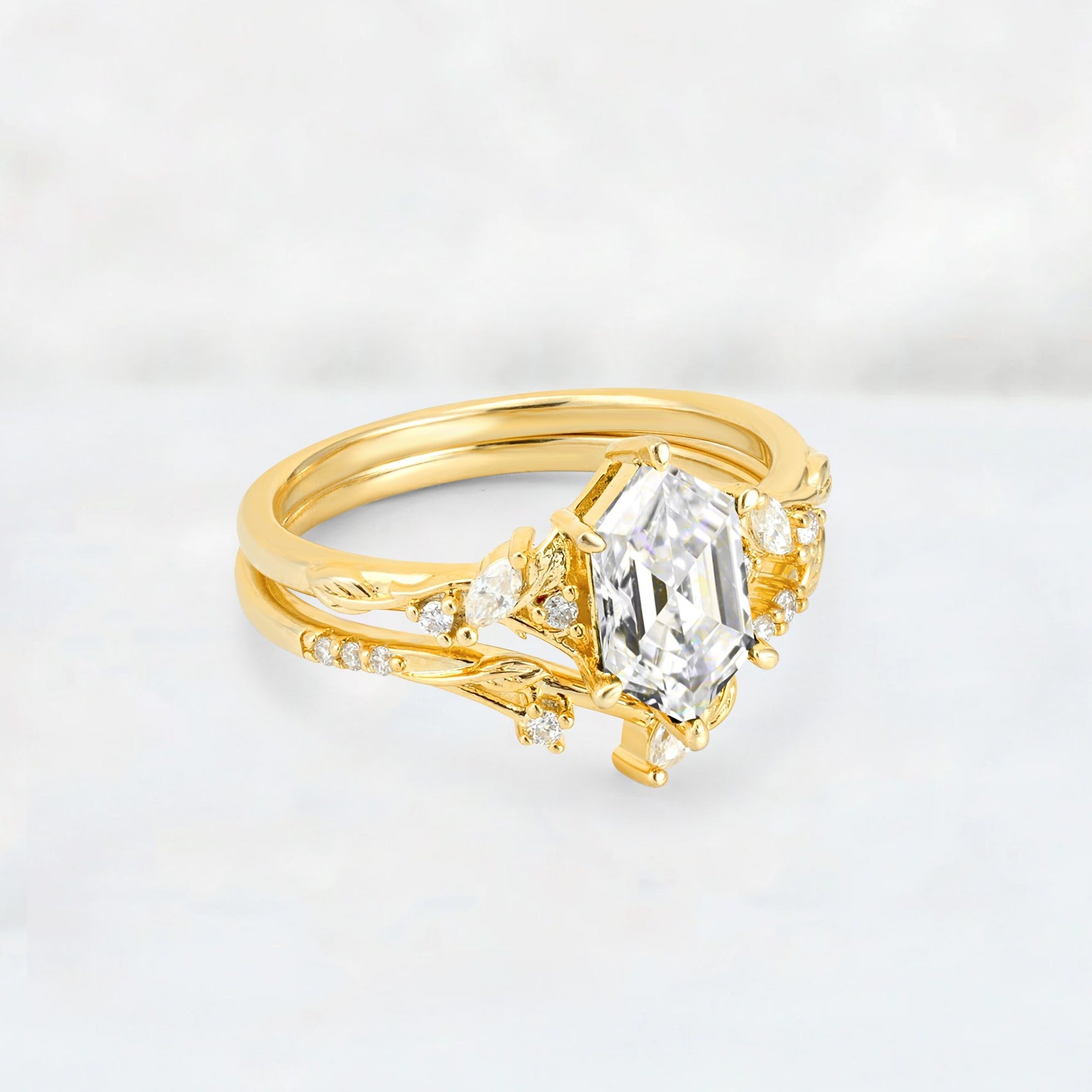 Elongated Hexagon Moissanite Leaf Vine Bridal Ring Set - Rose-Gold