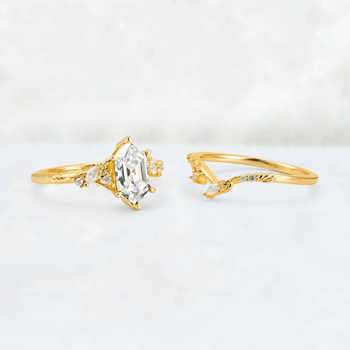 Elongated Hexagon Moissanite Leaf Vine Bridal Ring Set - White-Gold