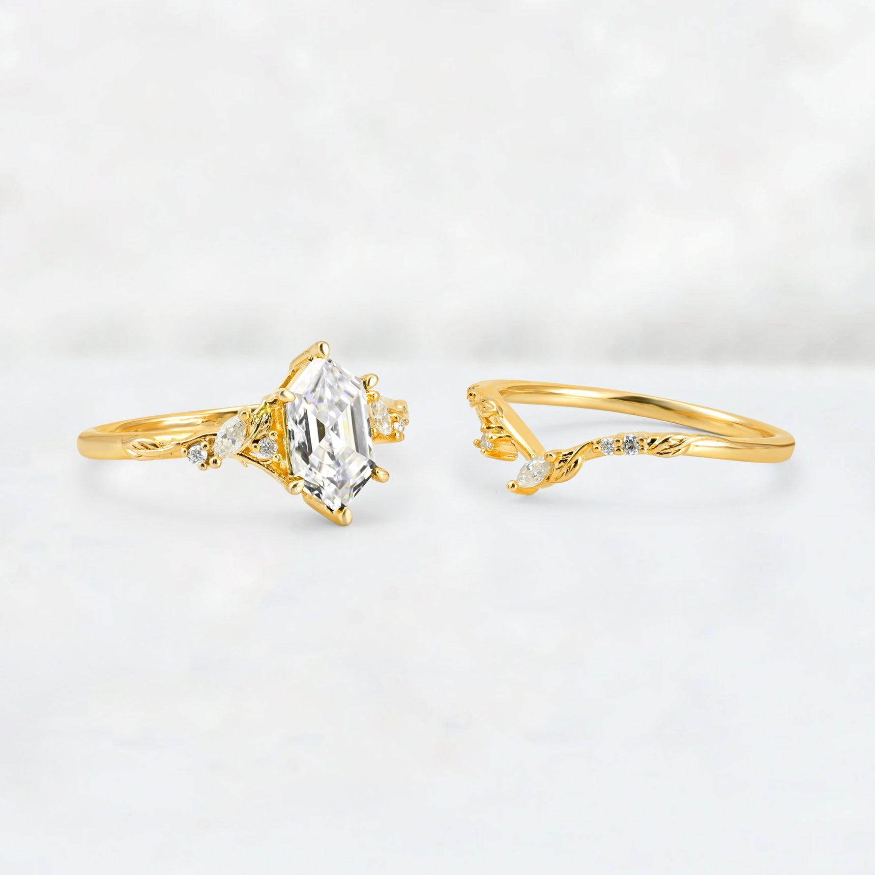Elongated Hexagon Moissanite Leaf Vine Bridal Ring Set - White-Gold